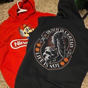 Red Nintendo Hoodie and Black Graphic Hoodie